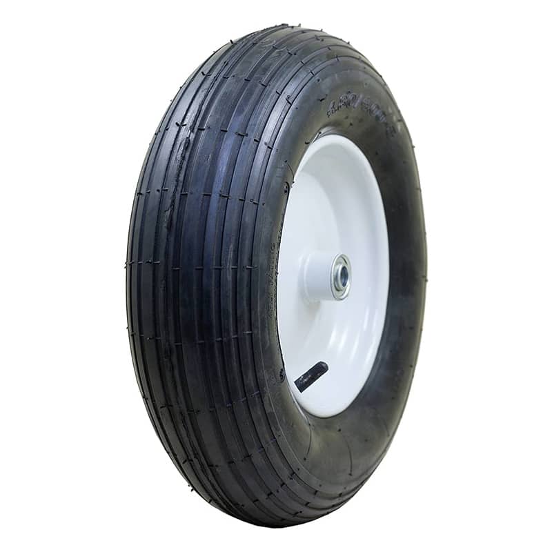 wheelbarrow wheel pneumatic tire 4.00-8 rib, 3-inch centered hub, white color wheel.